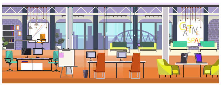 Modern office with panoramic window vector illustration. Table with computers and chairs in spacious open space. Interior illustration